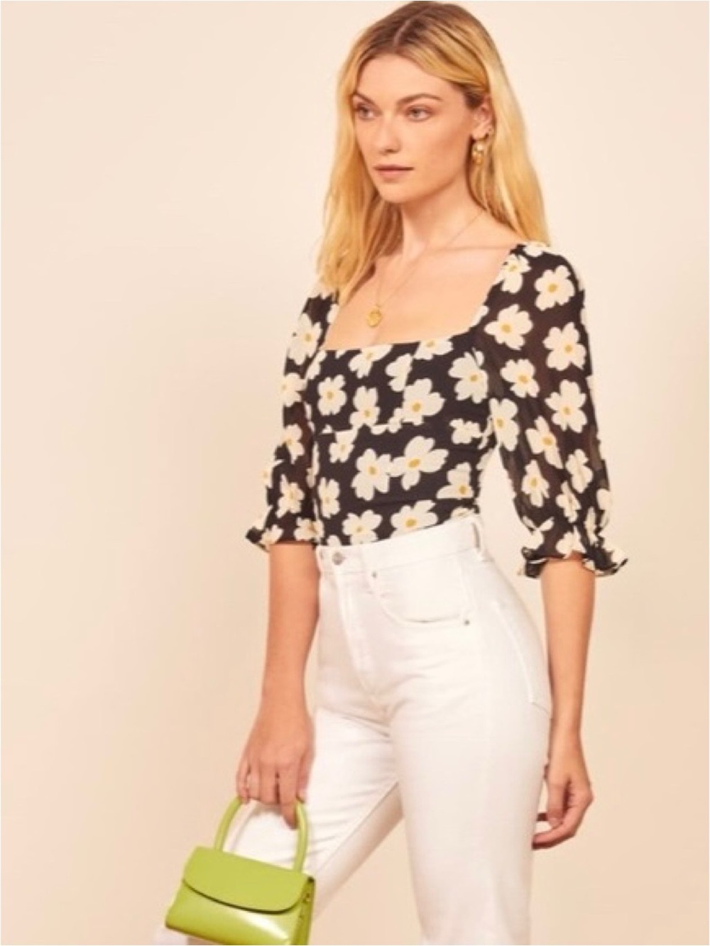 Reformation “Georgia Daisy” floral print square-neck half-sleeve blouse (size 6)